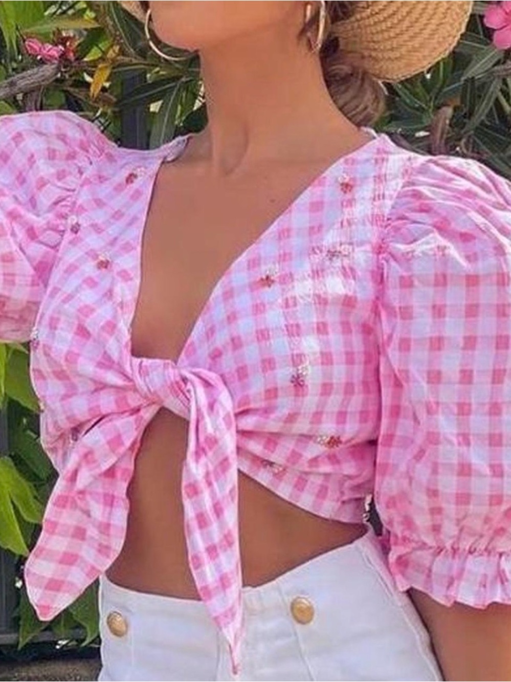 Zara Pink Gingham Tie-Front Puff Sleeve Crop Top
